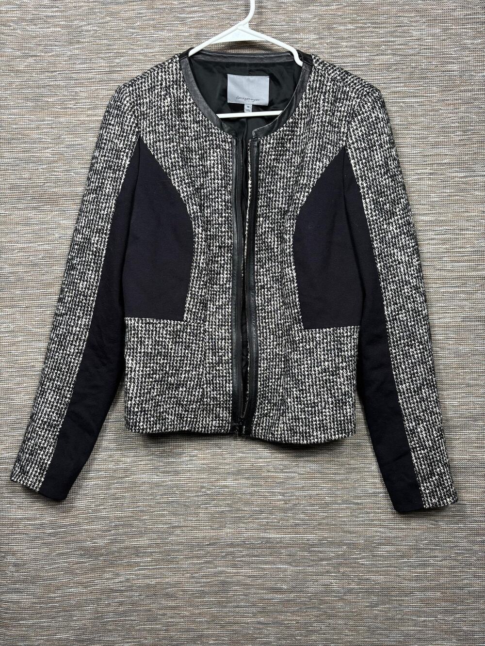Classiques Entier Blazer Jacket Womens Size M Black Tweed Full Zip Collarless